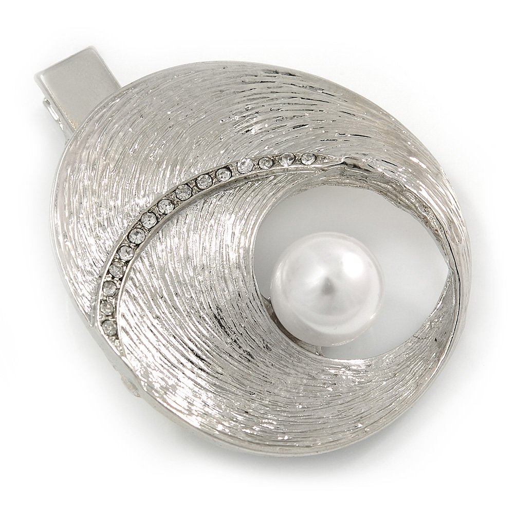 Clear Crystal, Pearl Hammered Shell Hair Beak Clip/Concord Clip/Clamp Clip In Silver Tone - 55mm L