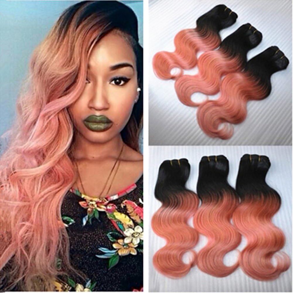 Ruma Hair 3/4 Bundles Lot Rose Gold Dark Roots Ombre Hair Extensions Two Tone Color 1B/Pink Ombre Body Wave Wavy Brazilian Unprocessed Virgin Human Hair Weaving Wefts 10-30'' (14''14''14'')