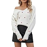 Women Cute Valentine Heart Graphic Jumper V-Neck Embroidery Knitted Loose Pullover Sweater Tops