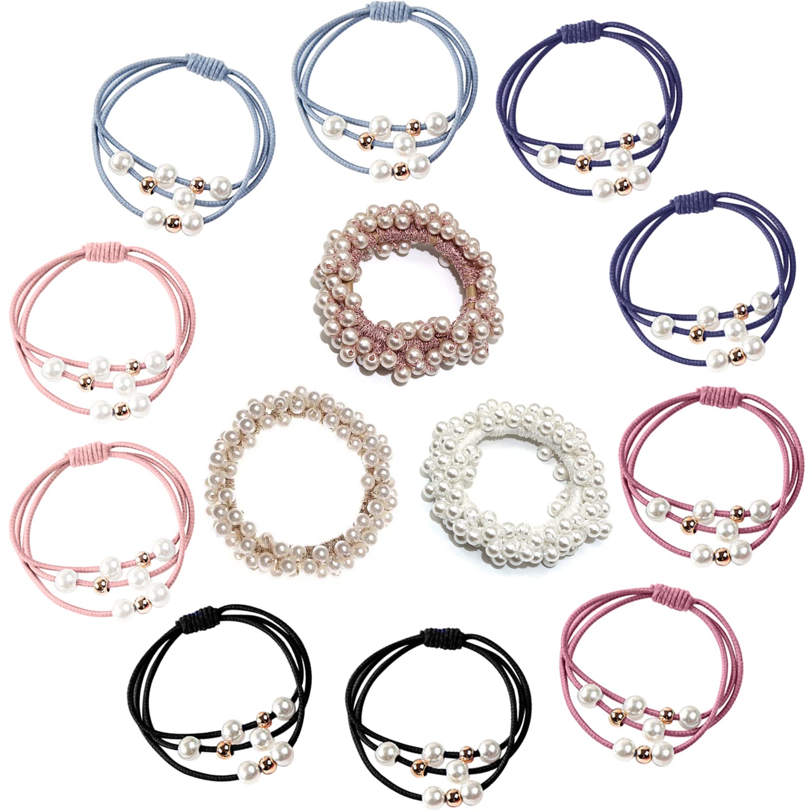 13 Pcs Pearl Hair Scrunchies, VEGCOO 2 Styles Elastic Hair Ties with Beads Ponytail Hair Rings Bands Ropes, Hair Styling Accessories for Women Girls and Ladies