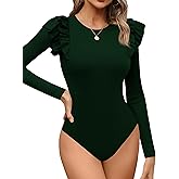 Missufe Women's Crew Neck Ruffle Long Sleeve Bodysuit Ribbed Knit Fitted Basic T Shirt Tops