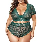 Plus Size 2 Piece Lingerie Set for Women Sexy Deep V Allover Lace Bra and Panty High Waist Nightwear Clubwear