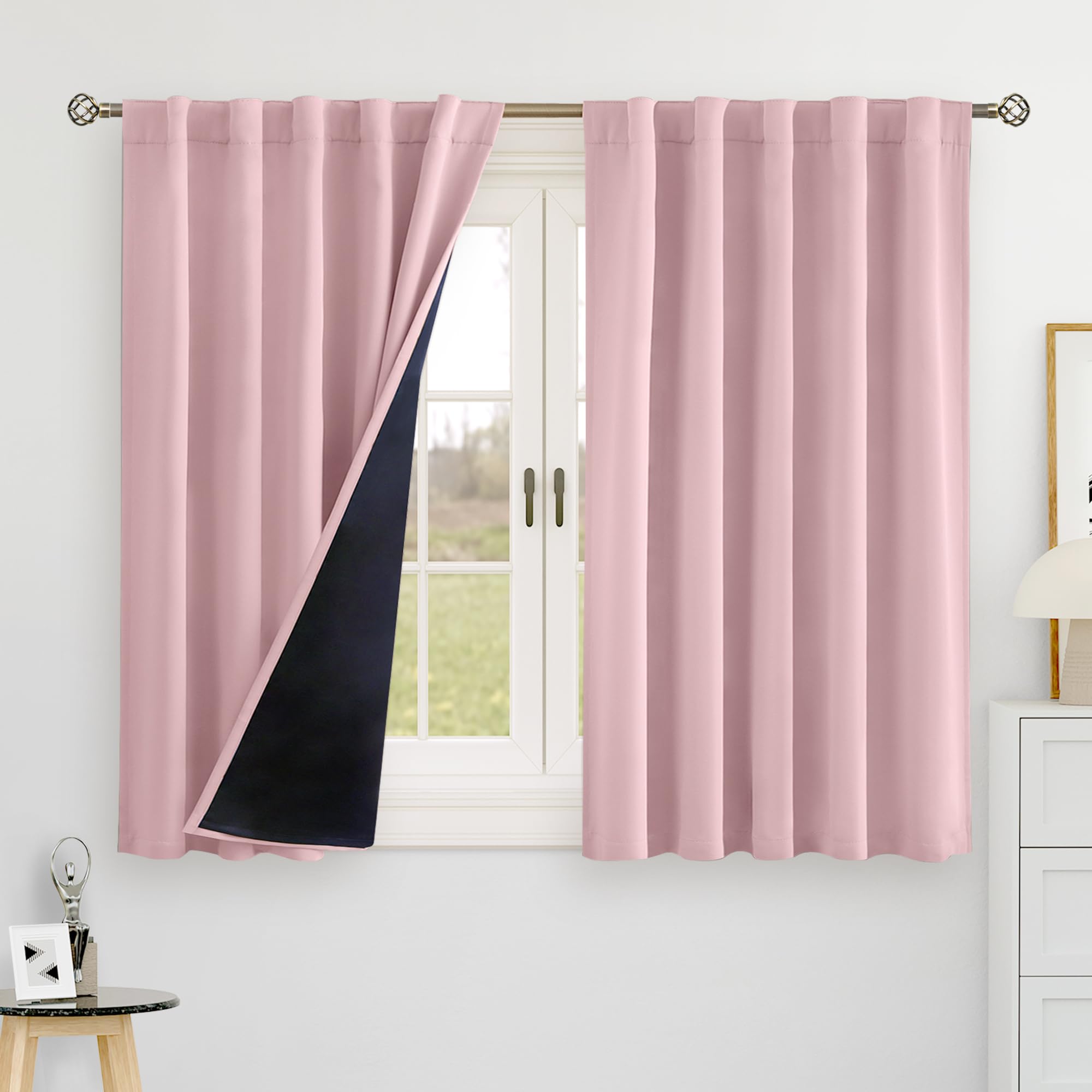 BGment 100% Blackout Curtains 40 Inch Length for Cafe, Rod Pocket and Back Tab Double Layer Thermal Insulated Full Room Darkening Bedroom Kitchen Curtains, 2 Window Panels, 42 x 40 Inch, Pink Image