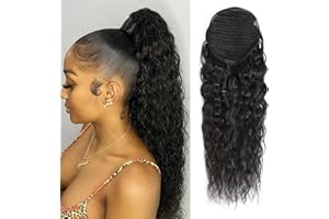 ADETTE 100% Human Hair Drawstring Ponytail Extension Water Wave in Natural Color 1B Corn Wave Ponytail Clip in Extensions for Black Women (14 Inch)