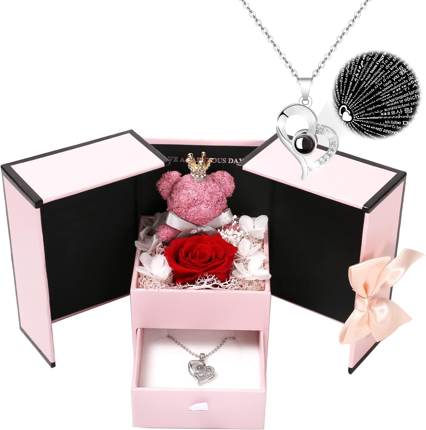 Dried & Preserved Flora - Birthday Gifts for Women,Red Preserved Flowers Rose Gifts for Mom, Christmas Mother Gifts for Her from Daughter Son,Womens Gift for Christmas,Real Rose Flower Gift with Cute Bear,Necklace for Mom,Wife