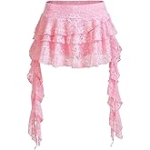 Women's Y2K Mini Skirt Ruffle Lace Asymmetrical Cute Skirts Layered Flowy Pleated Skort with Shorts