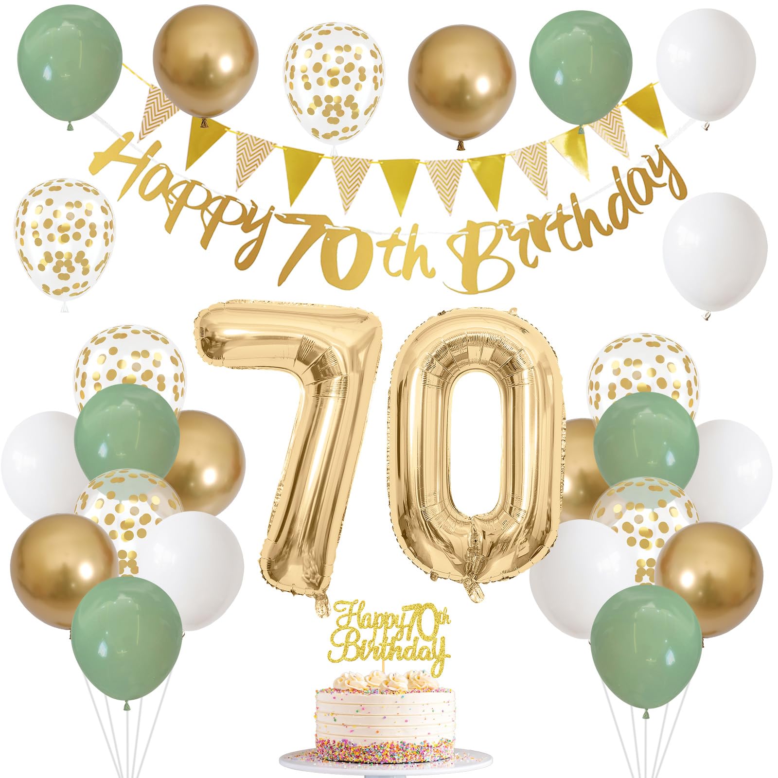 Photo 1 of **** MISSING SMALL BALLONS AND CAKE  TOPPER **** Sage Green White Gold 70th Birthday Balloons with Happy 70th Banner, Cake Decoration Number 70 Balloon for 70 Year Old Party Decor