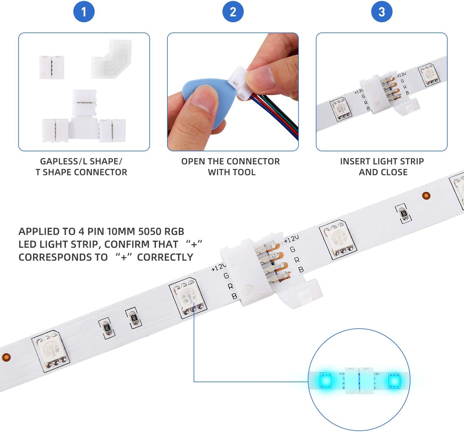 LED Strip Light Connector Kit, Led Strip Accessories Set for 5050 4 Pin 10mm RGB Led Light Strips with Connectors Clips and Tools - - 