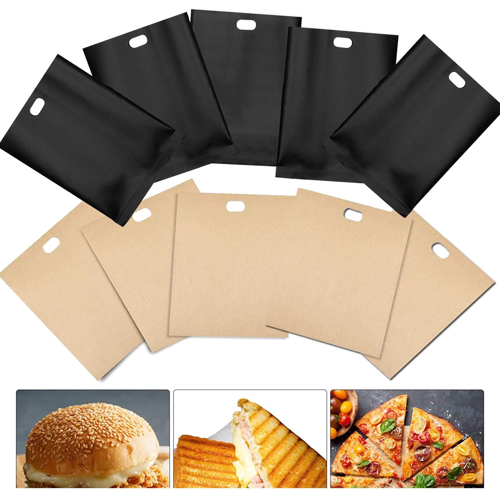 Toaster Bags Reusable Non-Stick Pockets Sandwich 3 6 12 Pcs, Toastie Bags Heat Resistant Pizza Bread Snack Microwave Oven Grill Indoor Home Party Kitchen (5 Beige+5 Black)