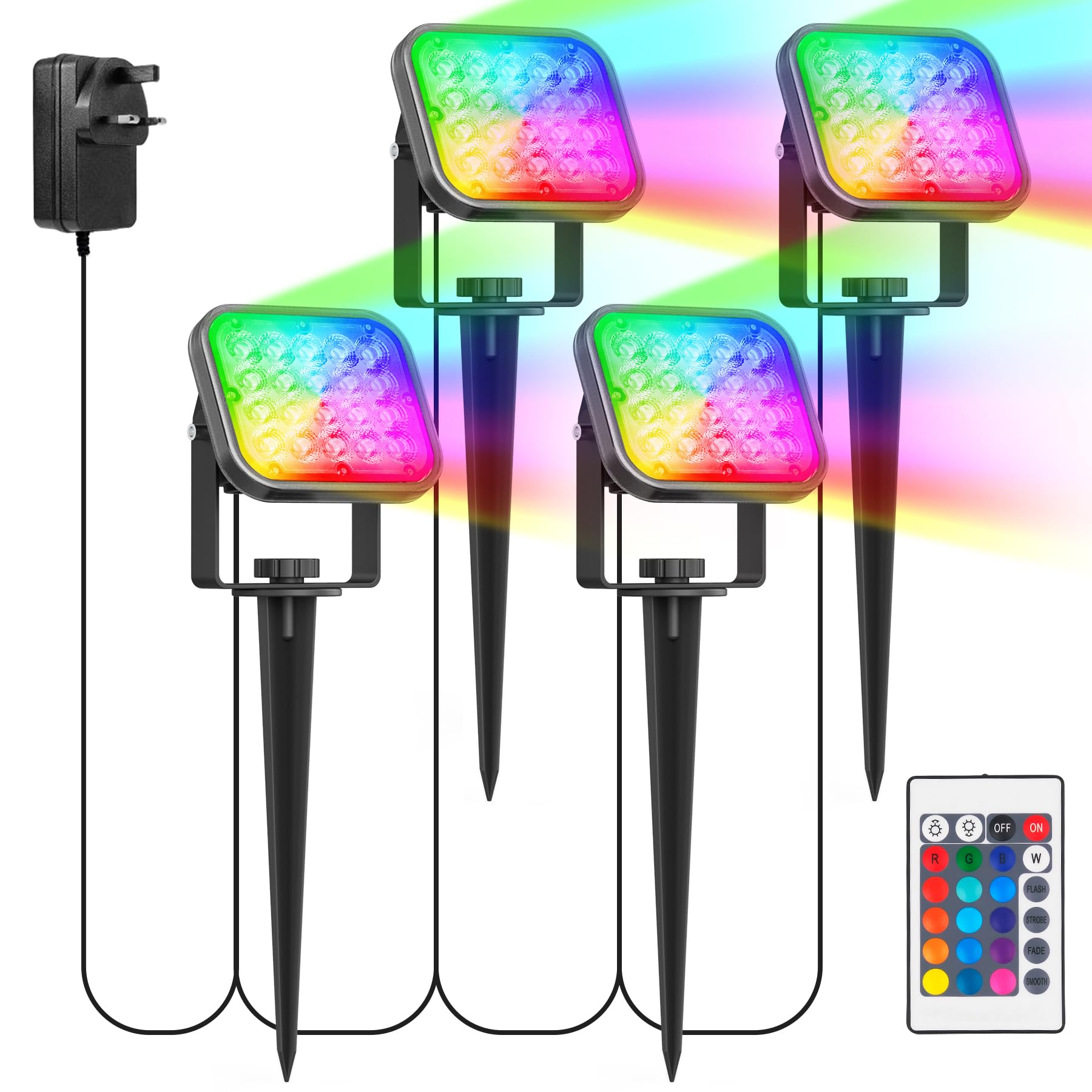 NATPOW RGB Spot Lights, Garden Lights Color Changing with Remote Control, Mains Powered LED Outdoor Landscape Spotlights, IP65 Waterproof Spike Light for Decorations Outdoor Pathway Decking