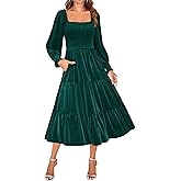 ZESICA Women's Velvet Long Sleeve Dresses 2026 Winter Square Neck Smocked Ruffle A Line Flowy Cocktail Party Midi Dress