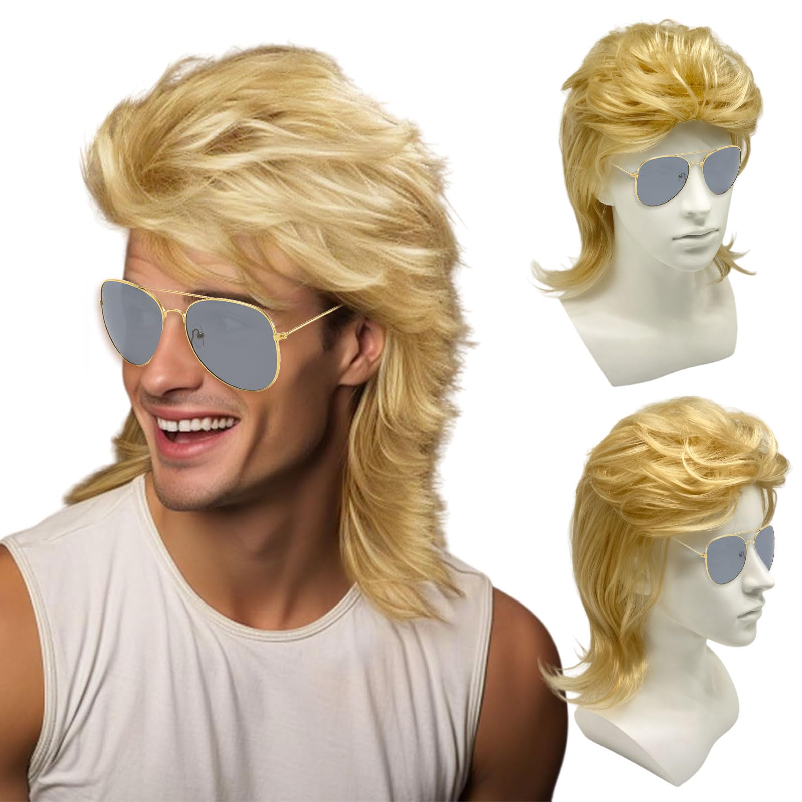 UILYNIU Blonde Mullet Wig For Men, Men's Light Blonde Long Curly Wig and Sunglasses, 70s 80s Fancy Dress For, Pop Rock Wigs Men Costume For Adult Carnival Halloween Costume Party (Blonde)