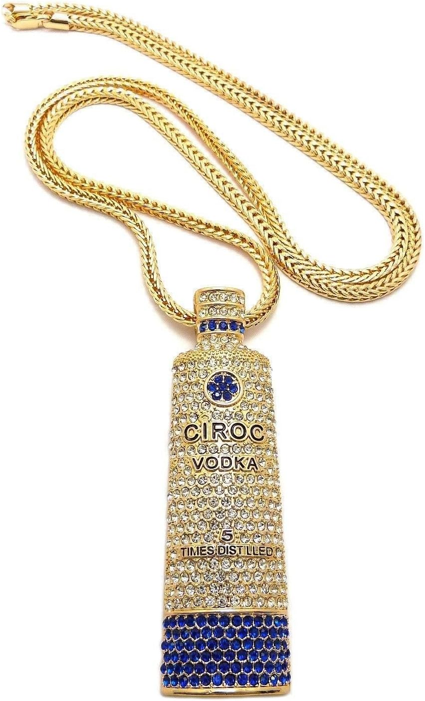Shiny jewelers USA Mens Iced Out Gold Ciroc Vodka Bottle Pendant 4mm 36" Franco Chain Necklace