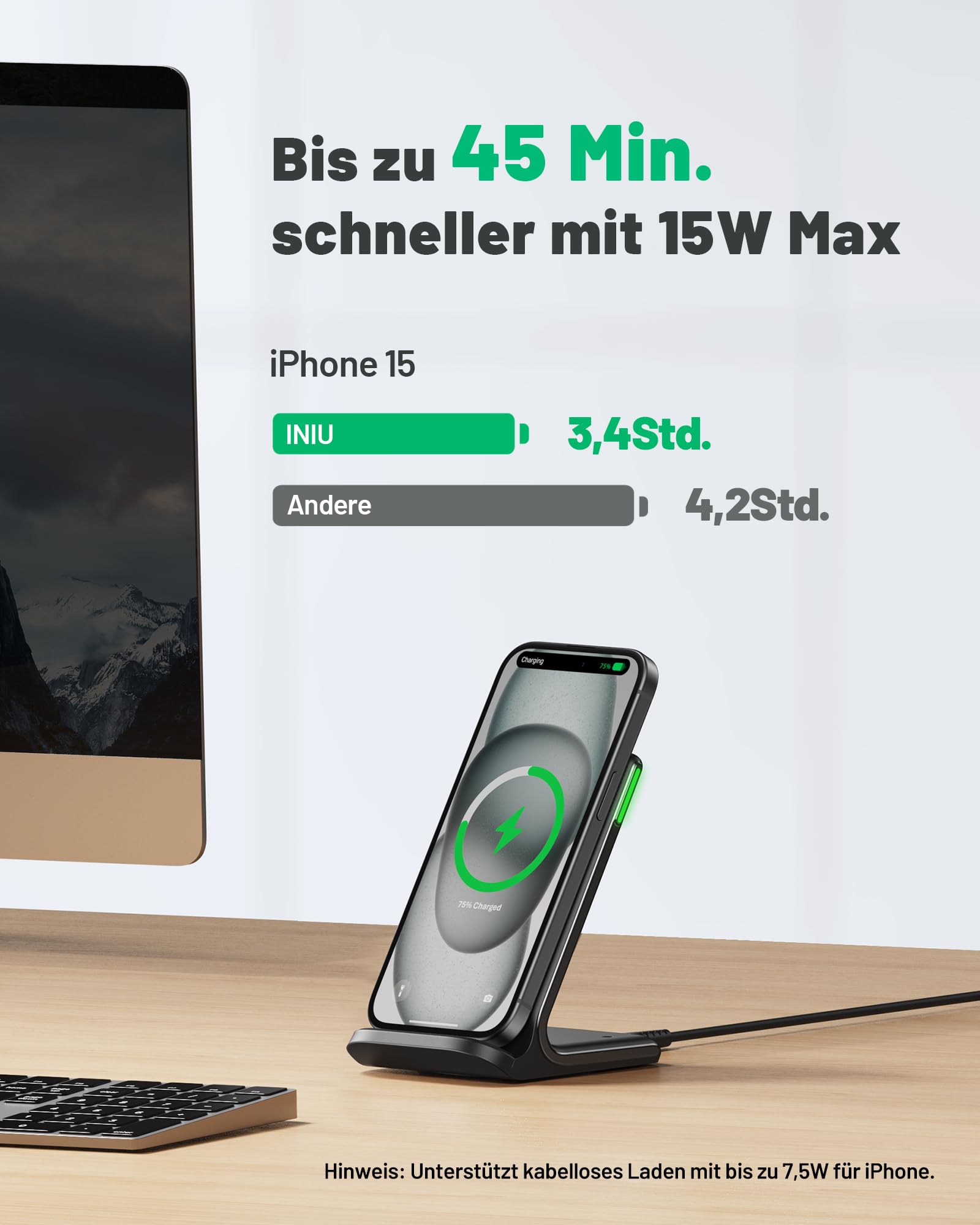 INIU Wireless Charger Stand, 15W Induktive Ladestation Schnelles Kabelloses Ladegerät Handy Ständer handyhalterung für iPhone 17 16 15 14 13 12 Pro Max Samsung Galaxy S23 S22 Google etc 2