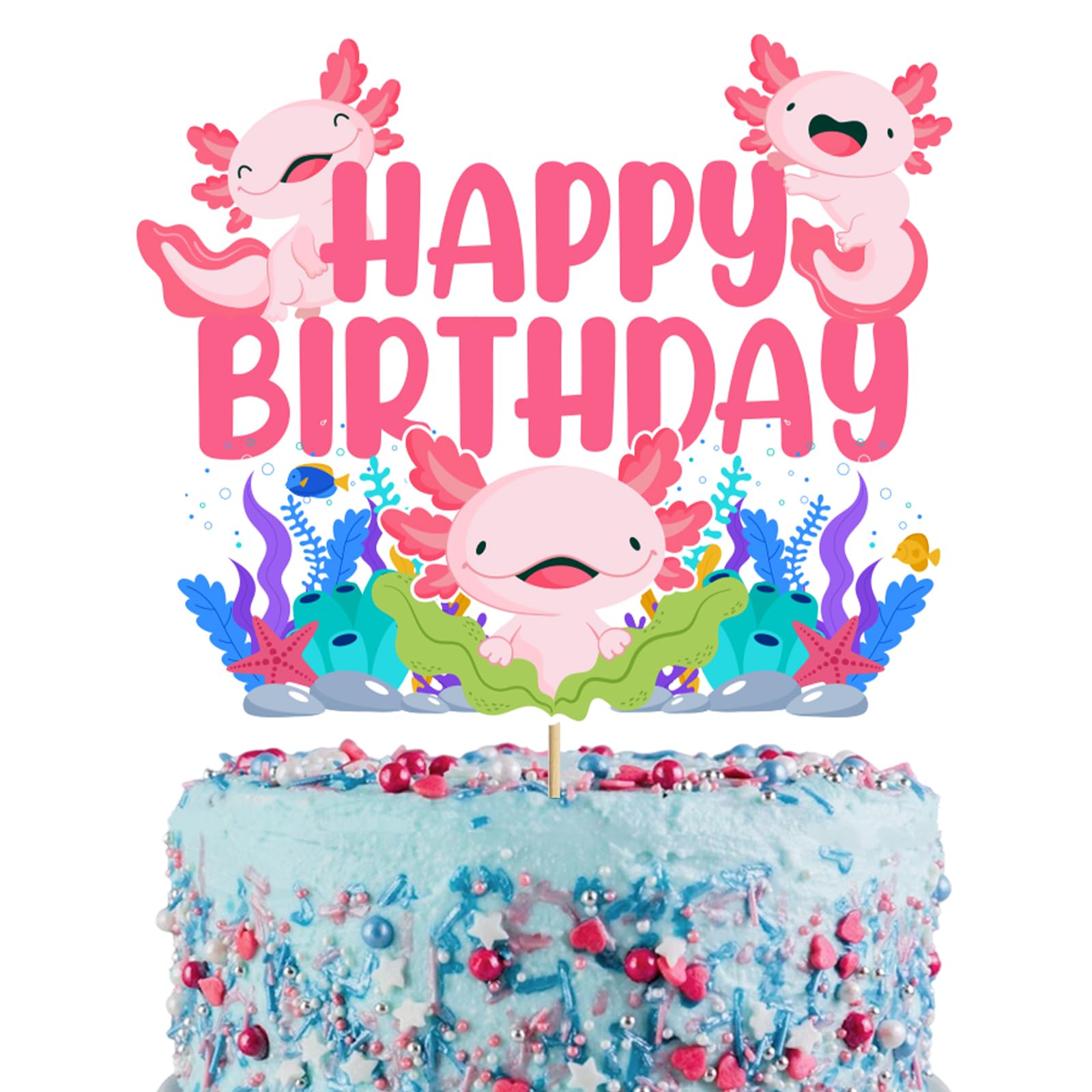 Photo 1 of Axolotl Happy Birthday Cake Topper, Creature Axolotl Themed Cake Decoration for Girl Boy Happy Birthday Party Decor Supplies Decorations