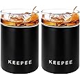 KEEPEE Whiskey Glasses Set of 2, Vacuum Insulated Tumbler with Removable Glass Insert, Insulated Cocktail Glass, Old Fashioned Lowball Glass for Bourbon, Whiskey, 10oz, Black