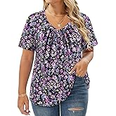 CARCOS Plus Size Tops for Women Short Sleeve Pleated Front Blouse V Neck Tunic Loose Fit Tshirts Summer XL-5XL