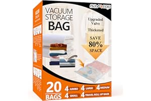 BAMCOO Vacuum Seal Bags for Clothing Upgraded Thickened 20 Pack (4 Jumbo 4 Large 4 Medium 4 Small 4 Roll Up Vacuum Storage Bags) Space Bags Vacuum Sealed Bolsas Para Guardar Ropa for Travel Luggage