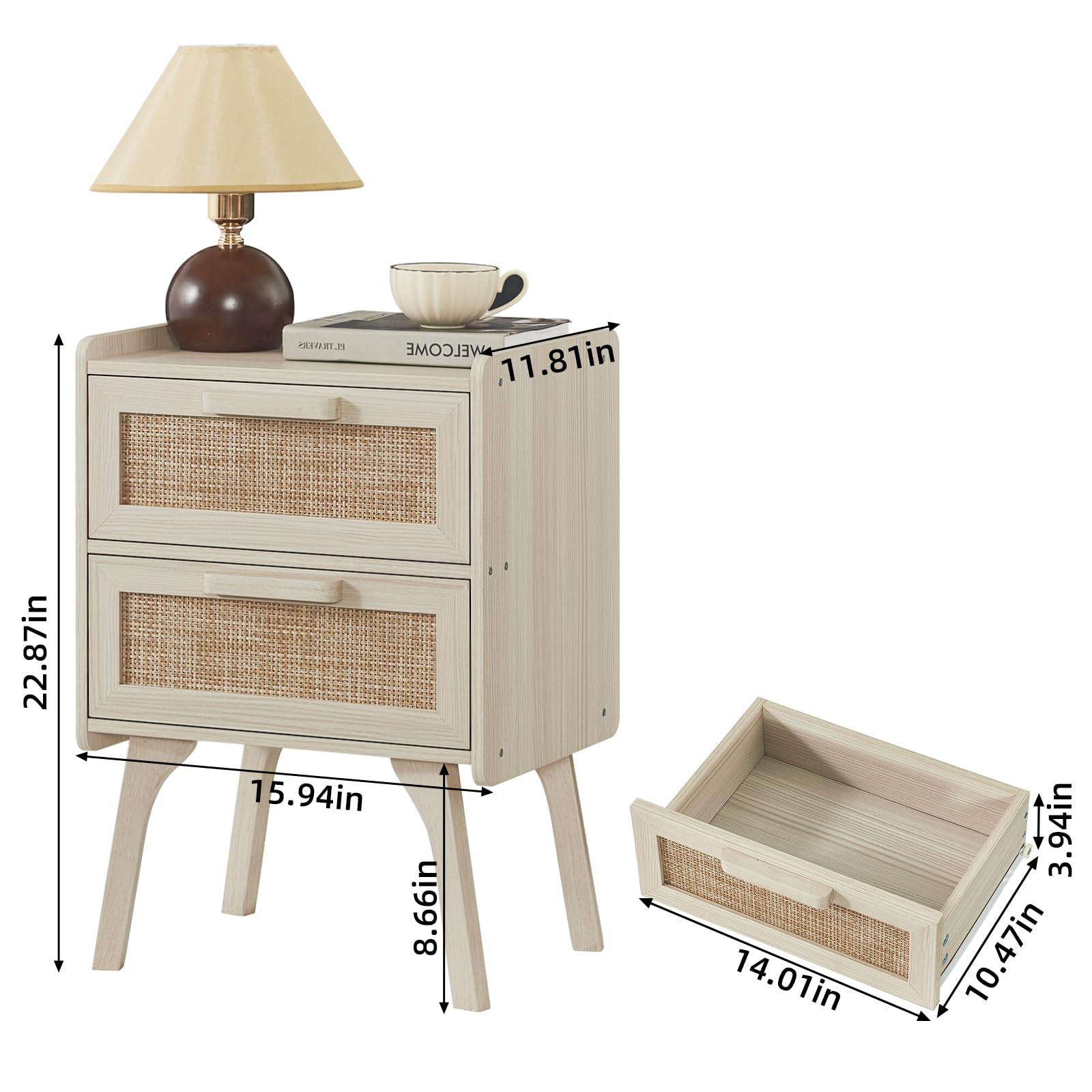 Condition photo showing New/Like New for lerliuo rattan night stand, boho 2 drawers nightstands, grey white bed side end tables with solid wo