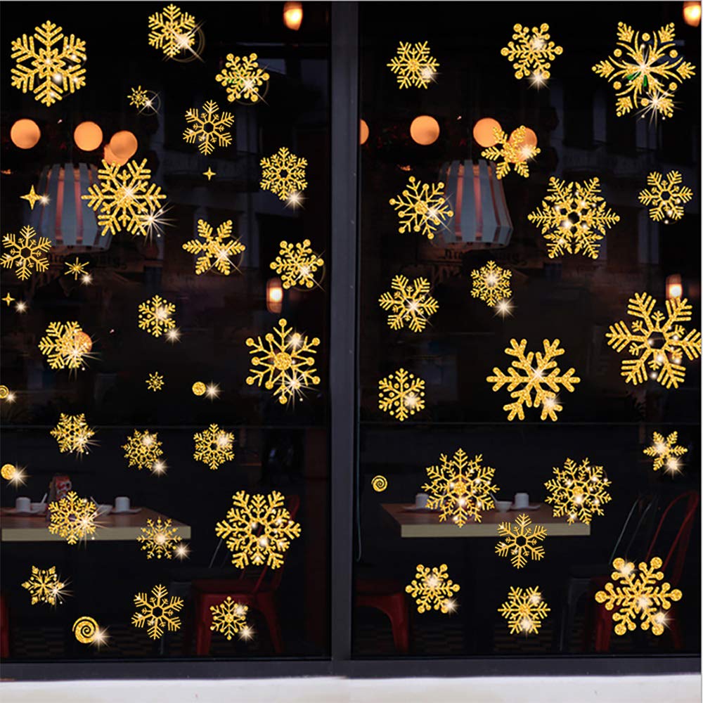 Vicor Christmas Window Stickers,4 Sheets Reusable Xmas Window Stickers,Gold Snowflakes for Christmas Window Decoration