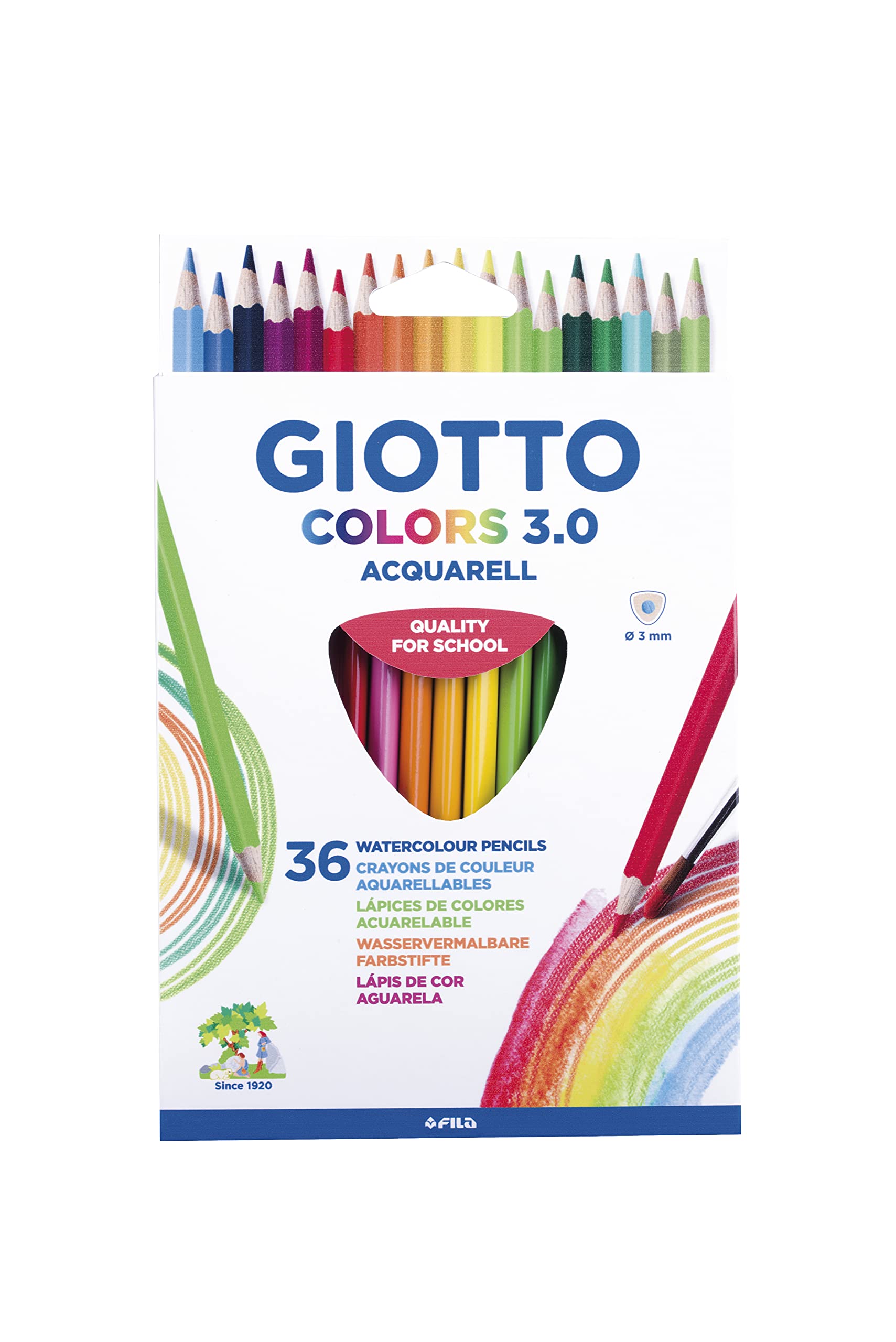 GIOTTO Colors 3.0 Children's Triangular Shaped Watercolour Coloured Pencils School Pack with a 3mm Lead, 36 pcs in Assorted Colours, For primary school age children