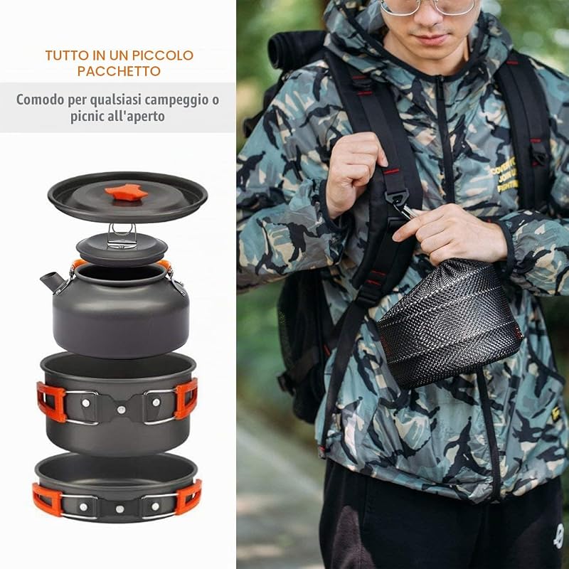14 PCS Campeggio Pentole Utensili Set da Cucina Outdoor Bollitore Padella Pentola Portabile per Picnic Campeggio Trekking Escursione 1-3 Persone
