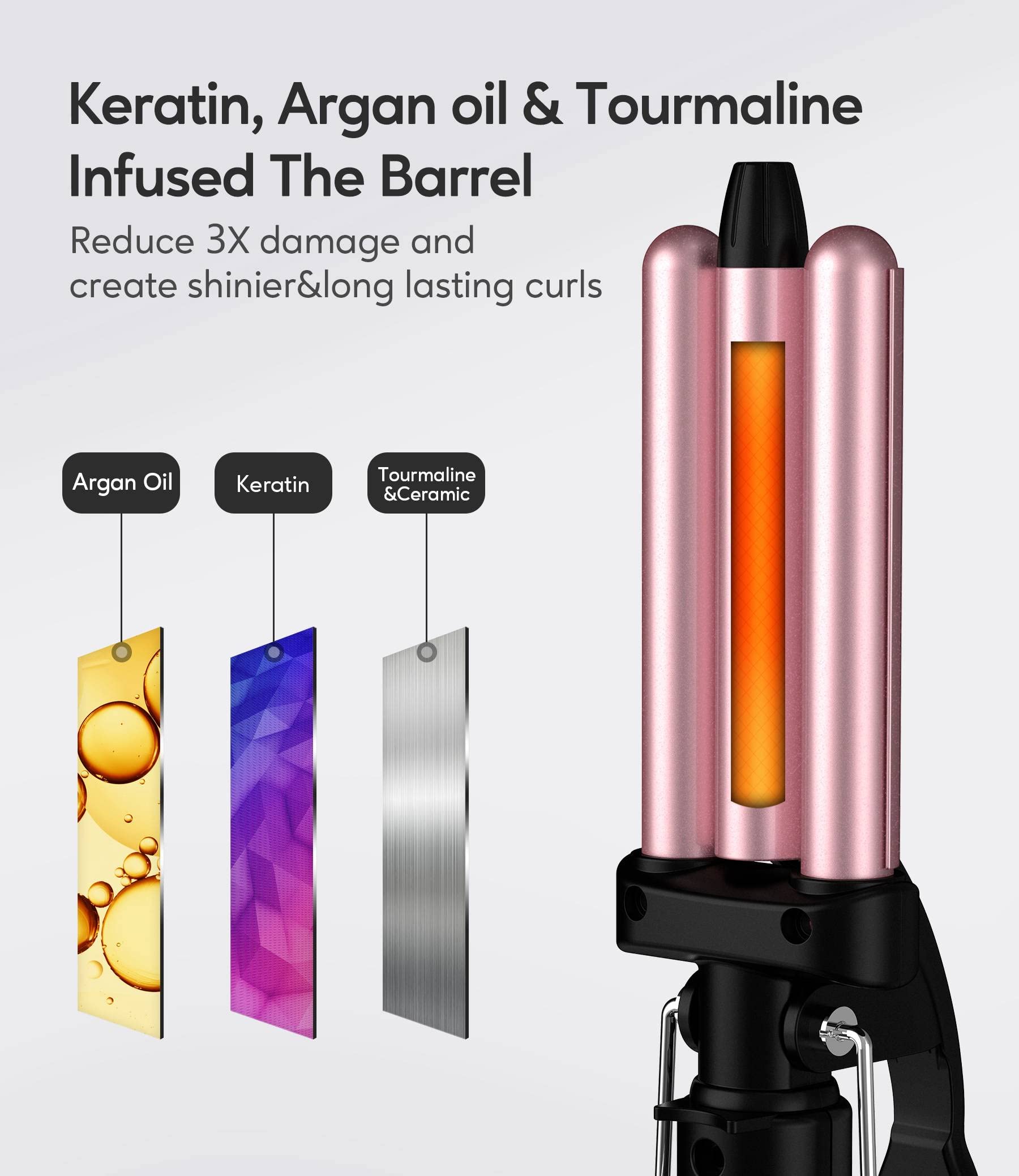 Mini Hair Crimper, 3 Barrel Curling Iron 1/2 Inch with Keratin & Argan Oil Infused, Travel Curling Iron with Dual Voltage, Pouch Bag, Beach Waves for Women, Rose Pink, HAIR IRON