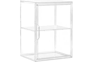 ATTELITE Acrylic Display Case for Collectibles, Clear Storage Bin with 3 Adjustable Layers and 1 Removable Divider, Stackable Clear Storage Box with Magnetic Door for Figures, Home or Office,Large