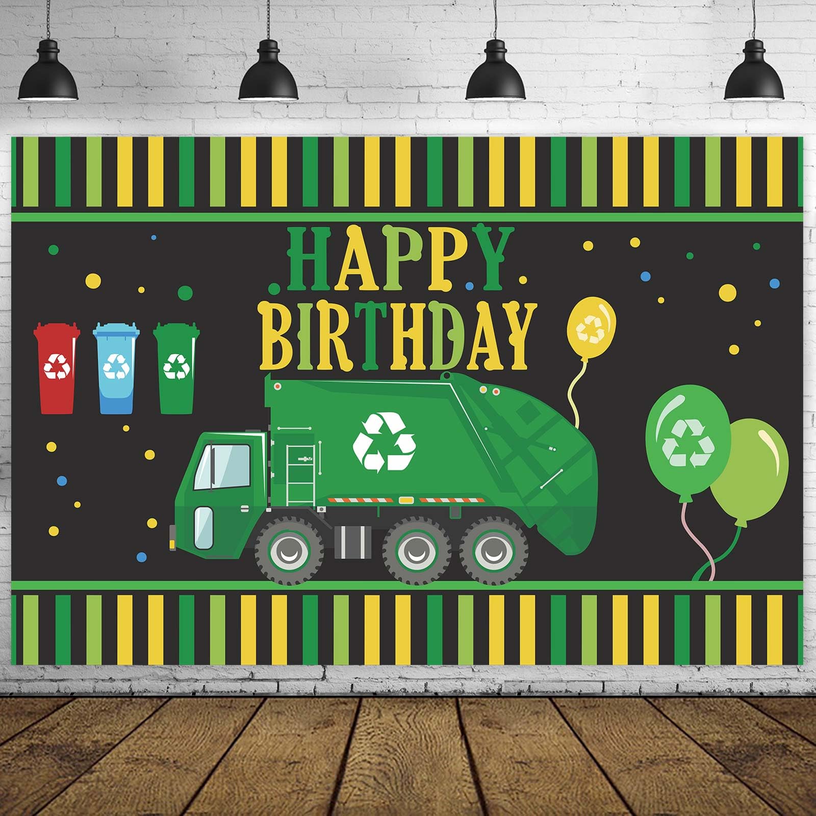 Photo 1 of Garbage Truck Trash Trucks Happy Birthday Banner BackdropWaste Management Recycling Bin Theme Decor Decorations for 1st Birthday Party Baby Shower Supplies Favors Background Photo Booth Props Flag