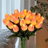 HOMESEASONS 20pcs Tulip Bouquet Lamp Artificial Flower Night Light Real Touch Tulip Night Lamp LED Flower Light Home Kitchen Decor(Pink)