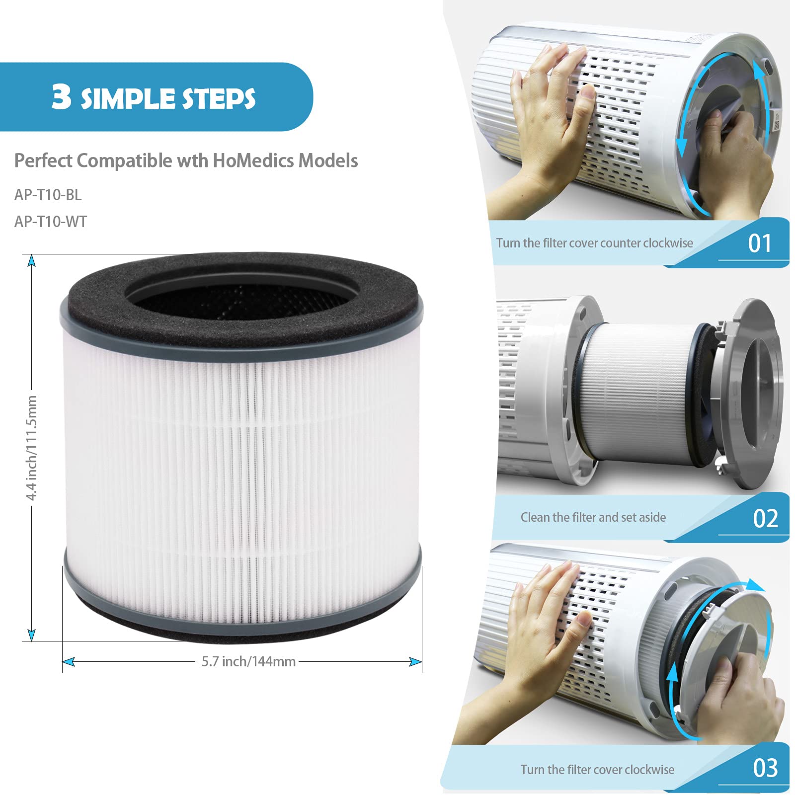 AP-T10FL Replacement Filter Compatible with Homedics Air Purifier Model AP-T10 AP-T10-BK, AP-T10-WT