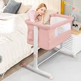 BABY JOY Bassinet Bedside Sleeper, 3 in 1 Folding Crib w/Adjustable Height, Mattress, Lockable Wheels, Storage Pocket &amp; Carry Bag for Infant Newborn, Stationary &amp; Rock, Portable Baby Bassinet (Pink)