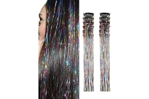 12Pcs Sparkling Hair Tinsel Clip in Hair Extensions - Heat Resistant Hair Glitter Strands, 20-Inch Fairy Hair Tinsel Kit, Reu