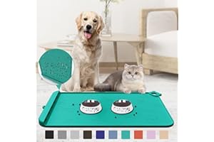 ZIRWTI Pet Feeding Mat, Dog Food Mat, Silicone Pet Feeding Mats with Residue Collection Pocket, Waterproof Dog Cat Bowl Mats for Food and Water with Edge and Hook, Tray for Dog Bowls (Teal, 18''x12'')