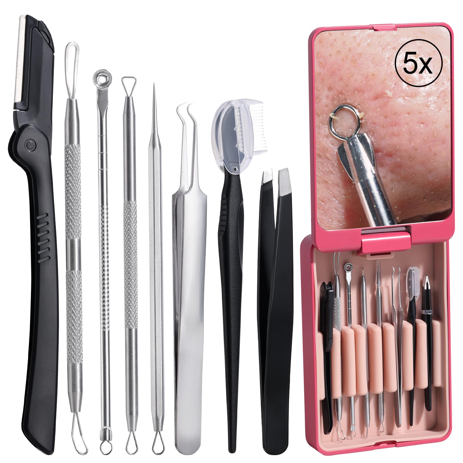 Photo 1 of JPNK Blackhead Remover Tool Comedones Extractor Acne Removal kit & Eyebrow Trimmer Kit, 8PCS in One with 5X Magnifying Mirror