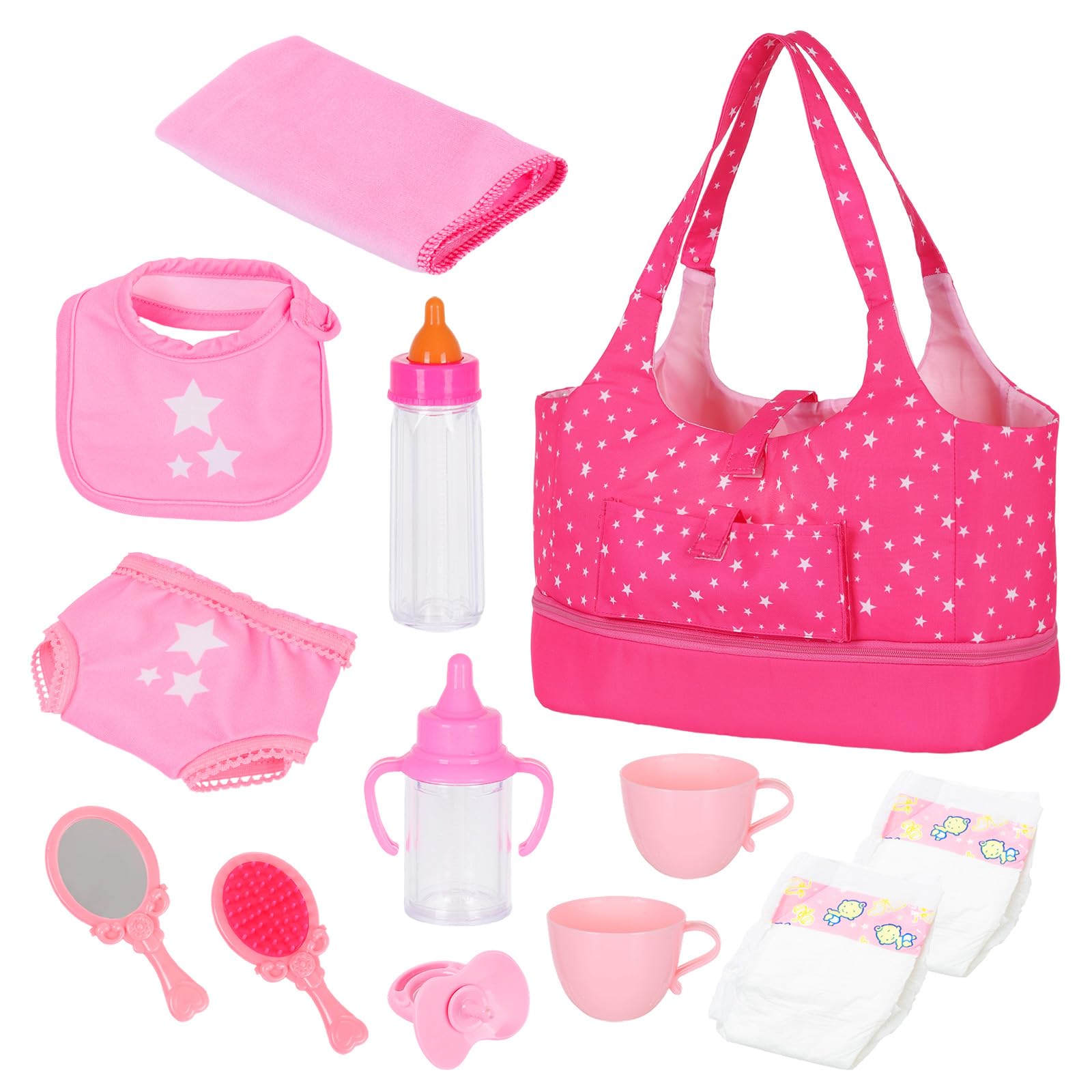 ZITA ELEMENT 13 Pcs Baby Diaper Bag & Accessories,Baby Doll Feeding Set Includes Diaper Bag,Doll Diapers,Bib,Cup,Bottle,Towel,Comb,Mirror,Pacifier,for Birthday Gift (No Doll)