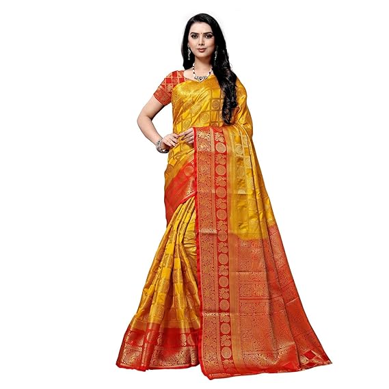 Women's Kanchipuram Pattu banarasi Silk Saree With Blouse (372_&)