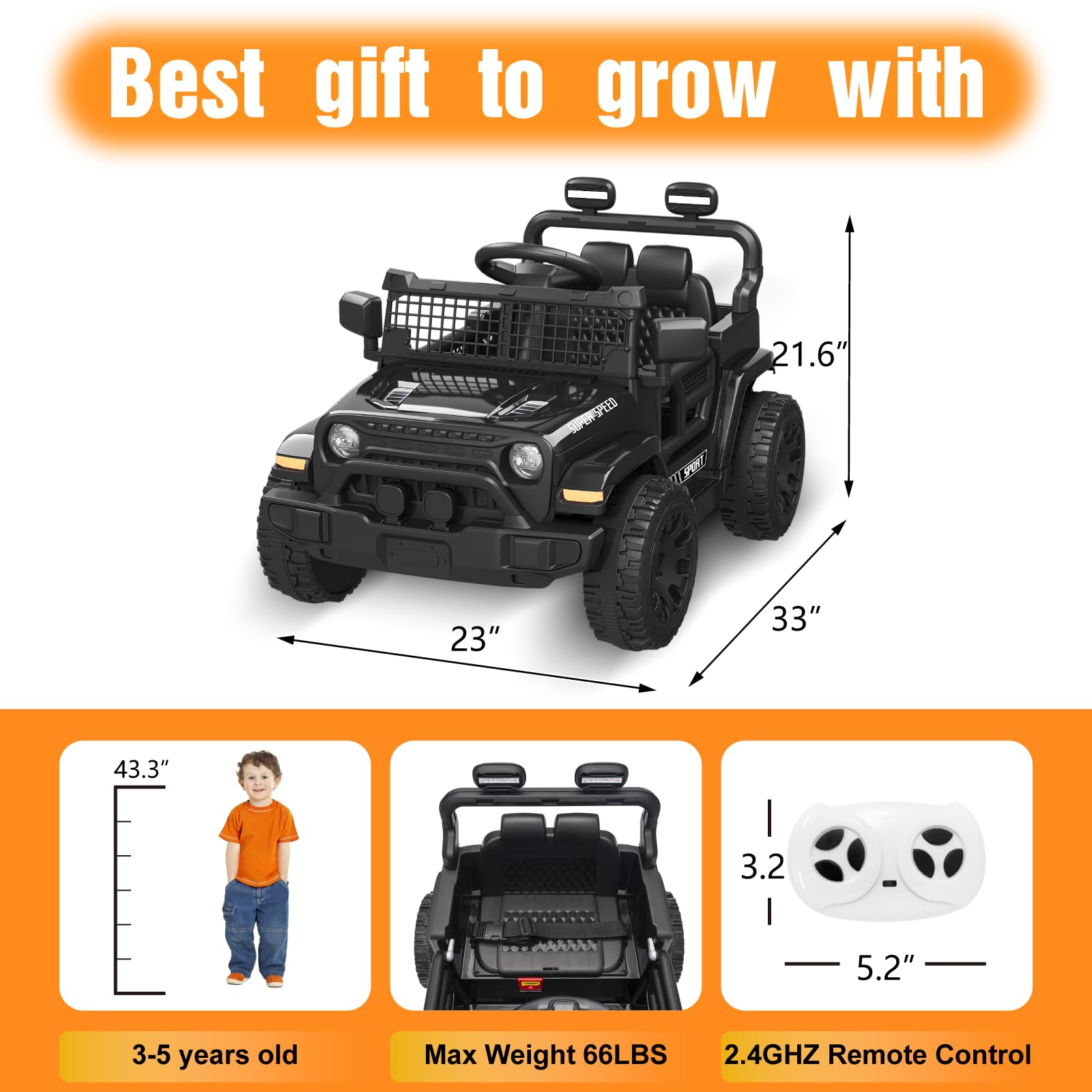 TRINEAR 12V Ride on Truck Car with Parent Remote Control, Electric Toys with Spring Suspension, LED Lights & Music Player - Safe Toddler Battery Car for Kids, Easy to Assemble, Black