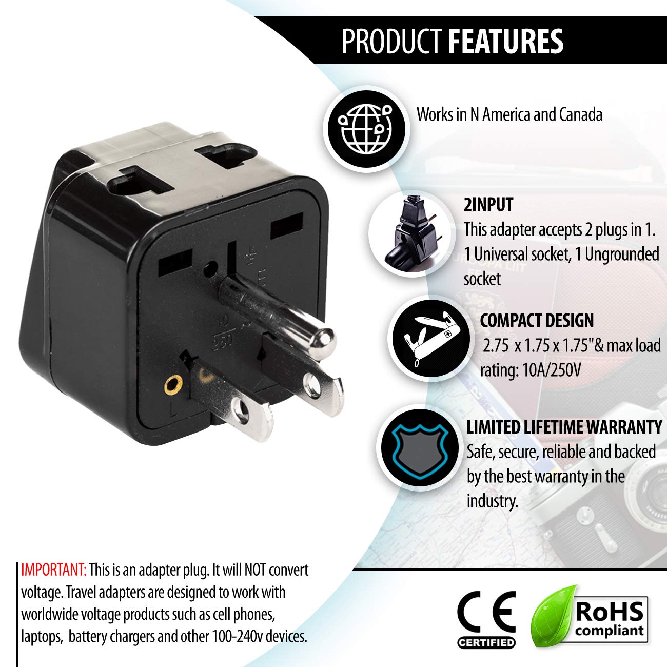 USA, Canada Adapter Plug by OREI, Europe, UK, China to US American Adaptor Grounded Type B