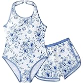 OYOANGLE Girl's Floral One Piece Swimsuit Tummy Control Halter Bathing Suit with Cover Up Beach Shorts