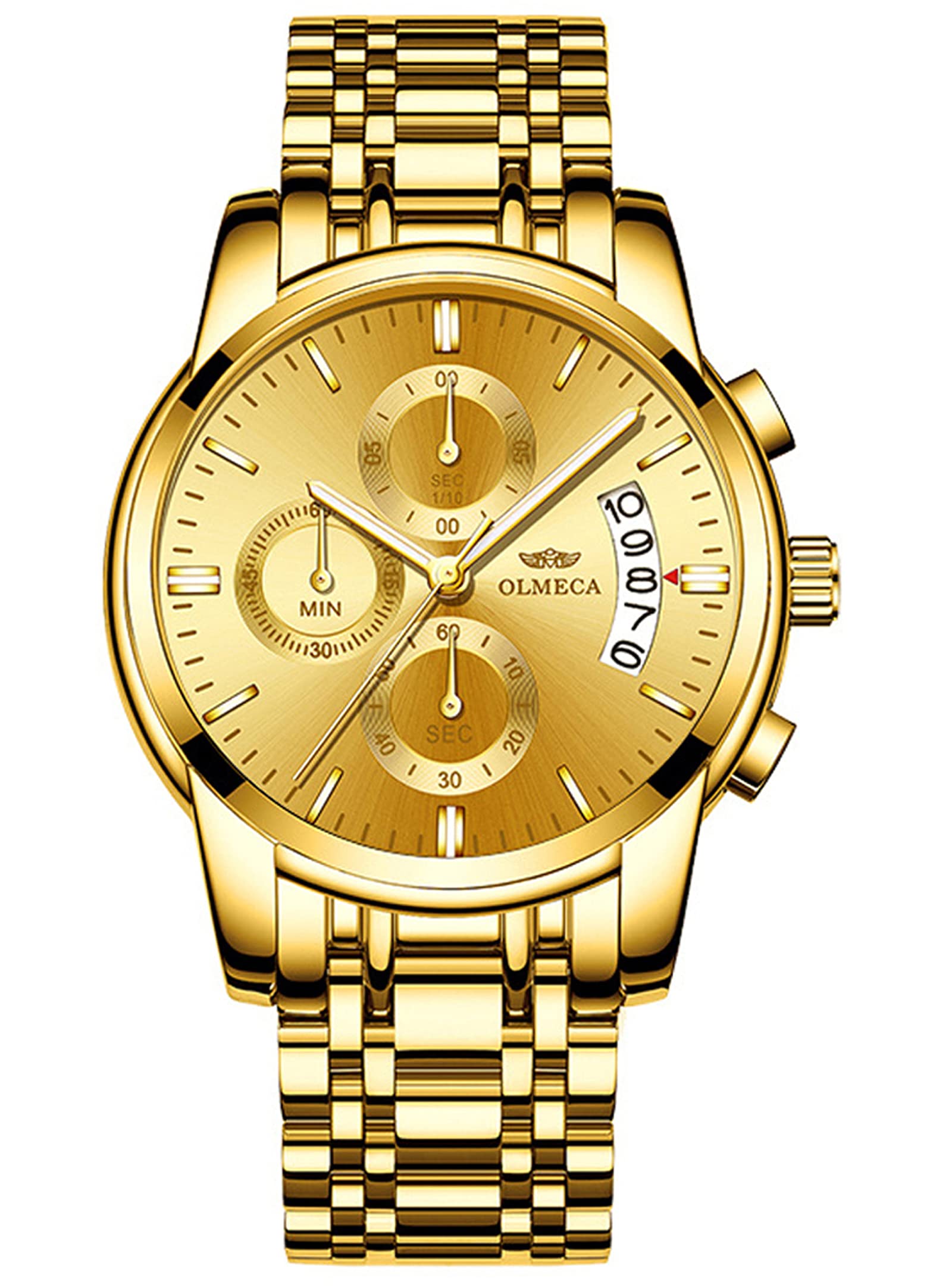 DREAMING Q&P Gold Plating Men's Analog Quartz Mutifunctional Watches for Man Stainless Steel Strap Gold Face Wristwatch