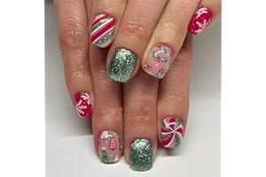 KOOPNATI Christmas Press On Nails Short Squoval Red Green Fake Nails with Glue Winter Snowflake Tree Glitter Design,Christmas Nails Short False for Women Kids Holiday Xmas Gifts