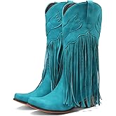 Meefit Women Fringe Cowboy Boots Square Toe Mid Calf Embroidered Western Boots,Tassel Cowgirl Boots Stacked Heel Retro Boots(Royal blue,US8.5)