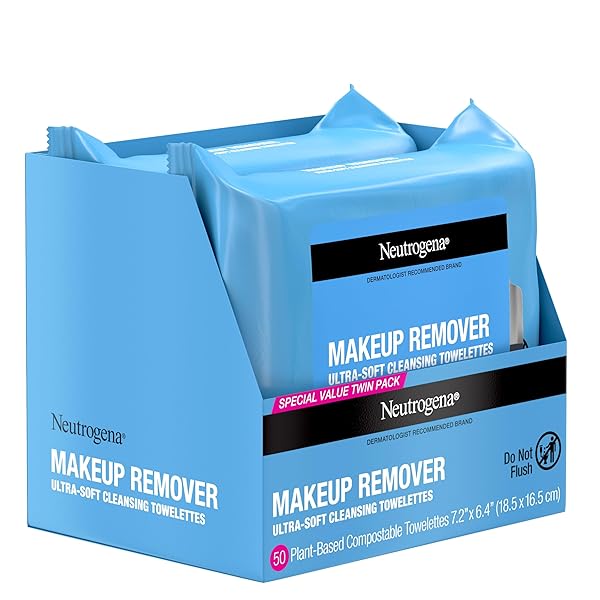 NEUTROGENA MAKEUP REMOVER WIPES MICELLAR ALCOHOL-FREE FACE TOWELETTES REMOVE WATERPROOF MASCARA & OIL, COMPOSTABLE 100% PLANT-BASED CLOTH, DERMATOLOGIST & OPHTHALMOLOGIST TESTED, TWIN PACK 2 X 25 CT
