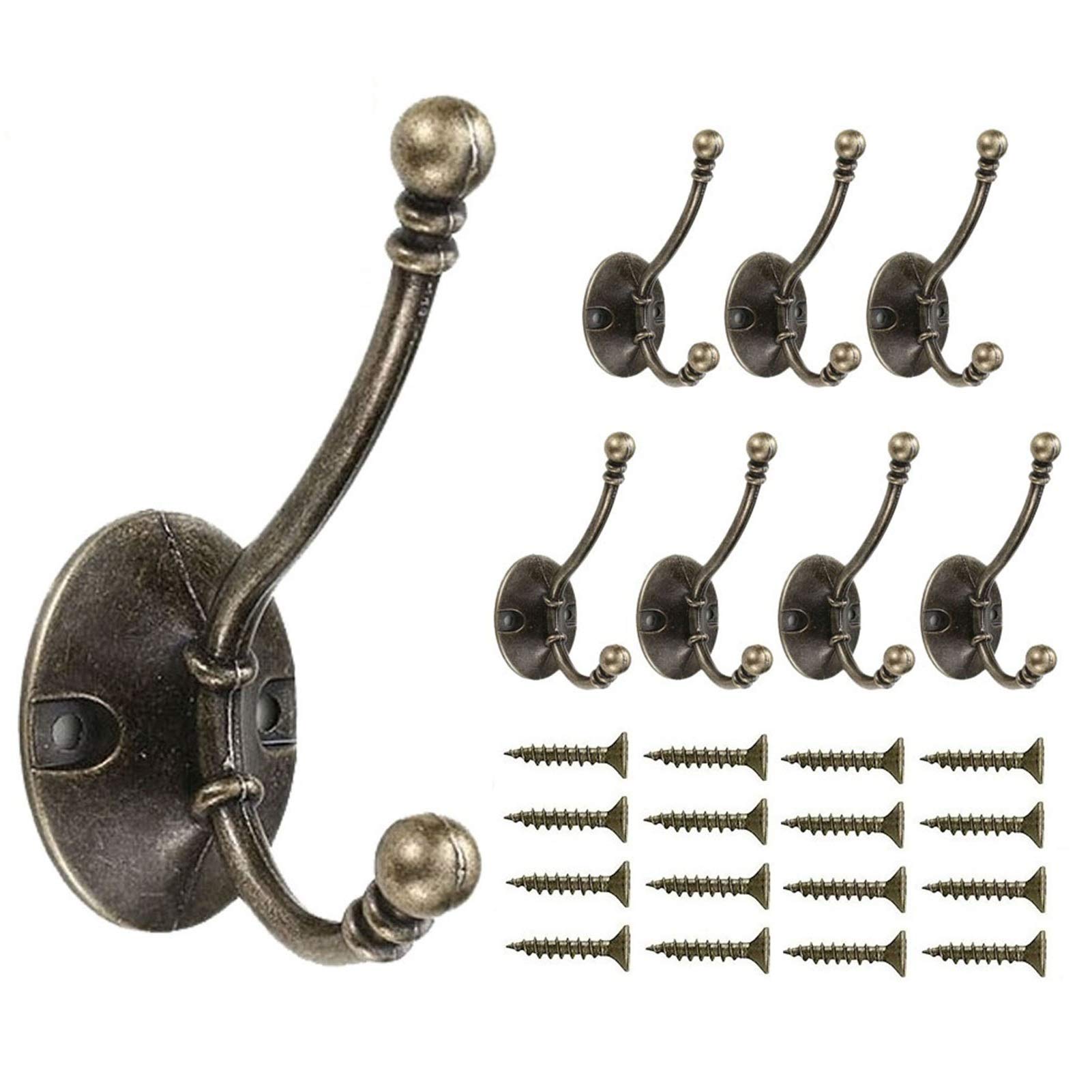 Beilala Brass Coat Hooks Wall Mounted, 8 Pack Heavy Duty Dual Antique Robe Hooks for Door Bedroom Bathroom Kitchen Office Hallway Closets (Vintage Copper)