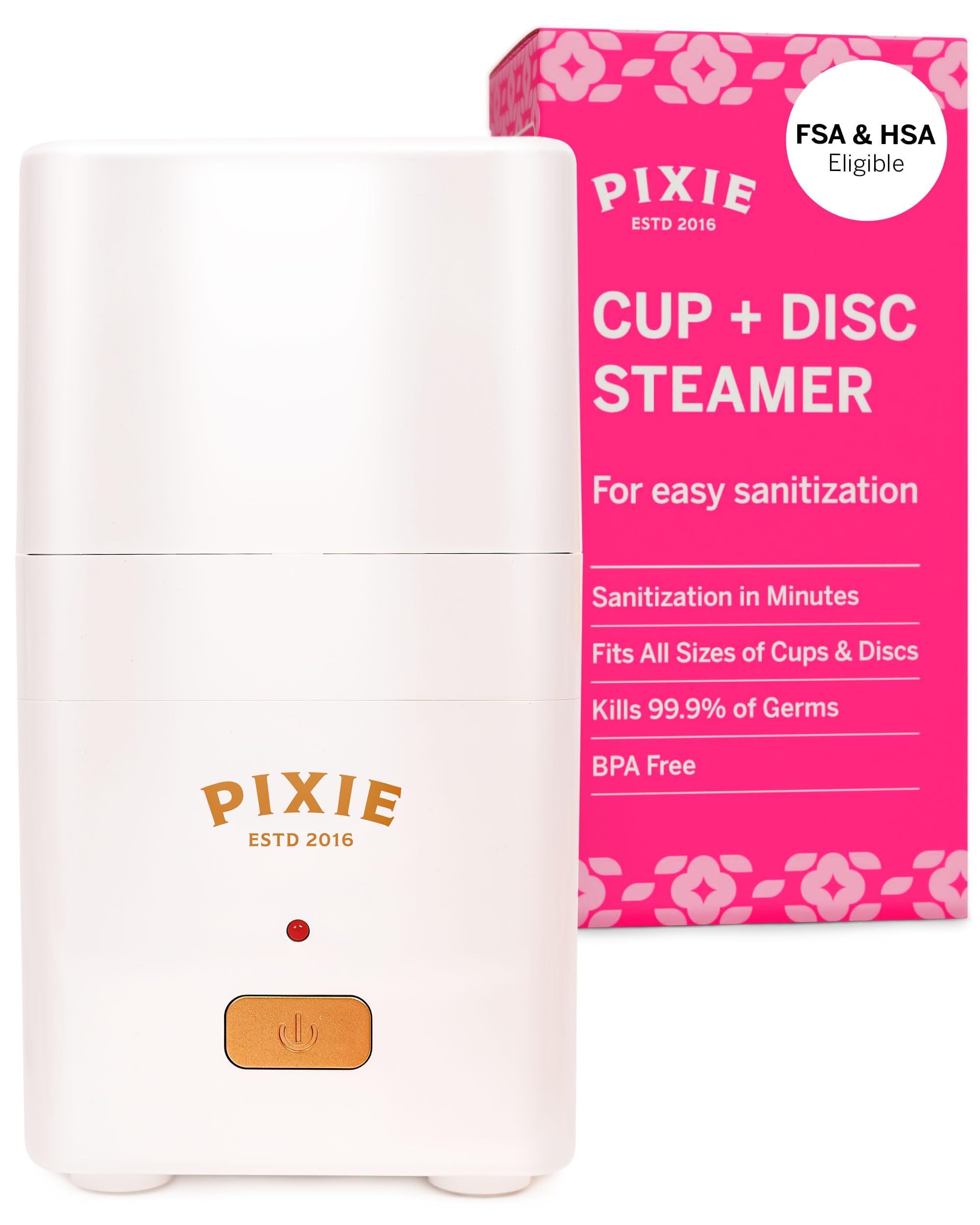 Pixie Menstrual Cup Steamer Sterilizer Cleaner - Kills 99.9% of Germs with Steam - 3 Minutes and Your Period Cup is Sterile! Automatic Timing and Shut Off