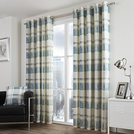 Check Striped Teal Duck Egg Blue Cream Eyelet Ring Top Fully Lined