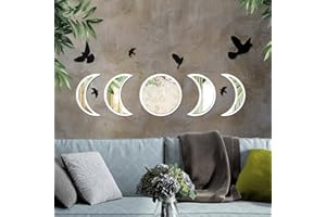 NESHE Moon Phase Mirror Set with Birds | Scandinavian Natural Home Boho Wall Decor | Aesthetic Witchy Bohemian Indoor Gothic Art Decorations for Living Room (White)