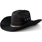Lanzom Men Wide Brim Western Cowboy Hat Classic Style Straw Western Cowgirl Hat with Leather Buckle