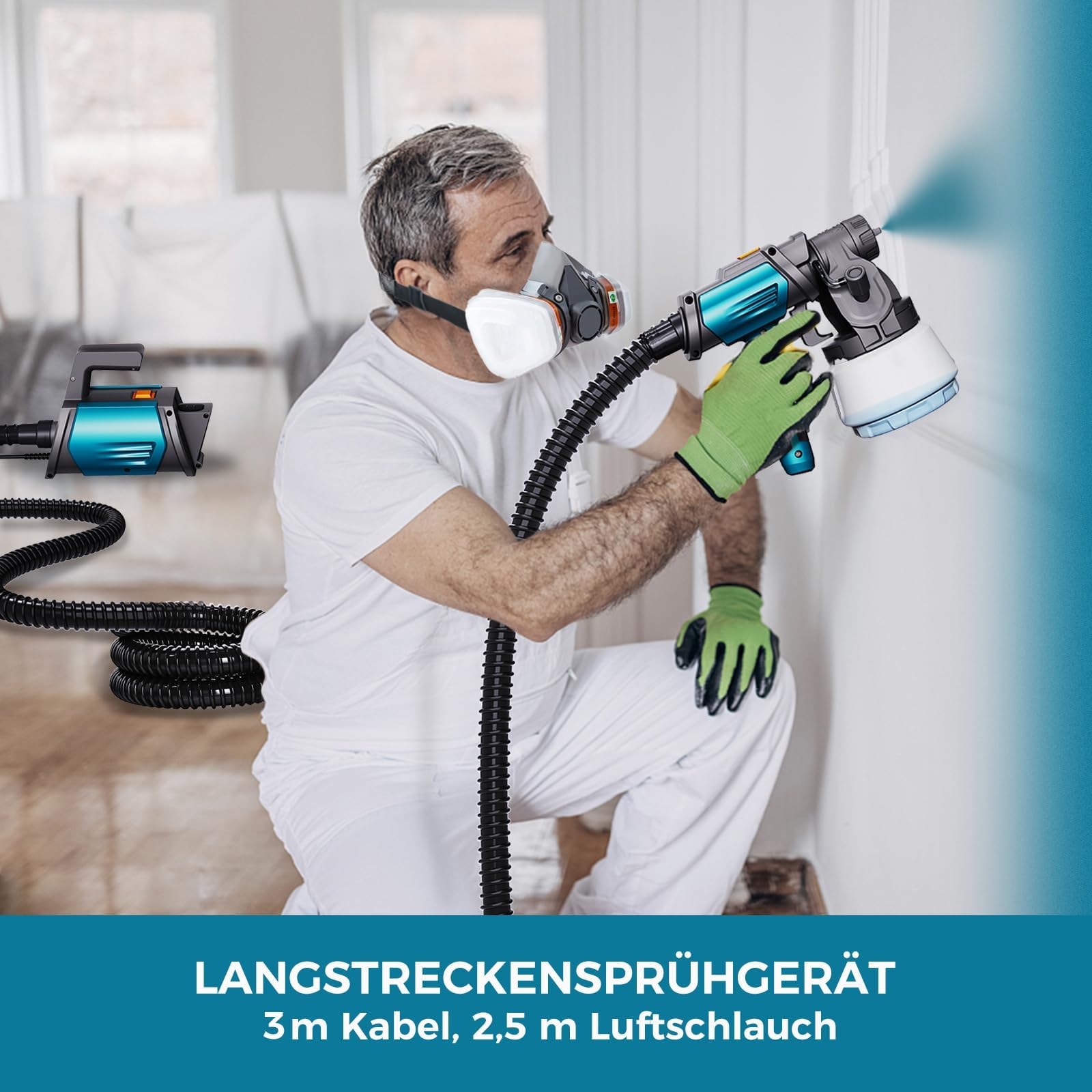 Tilswall Farbsprühsystem Shark 800 HVLP Elektro120 DIN-s Lackierpistole Elektrisch mit 4 Düsen und 3 Sprühmodi für Innen- und Außenwandfarben (Blau) 7